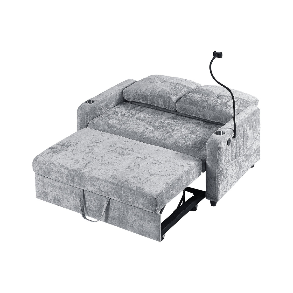 53.9" Modern Loveseat Pull-out Sofa Bed with Adjustable Backrest ,Two Cup Holders, Phone Holder, Three Charging Ports and Side Storage Pocket , Beige