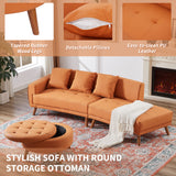 107" Contemporary Sofa with a Round Storage Ottoman and Three Removable Pillows - Orange