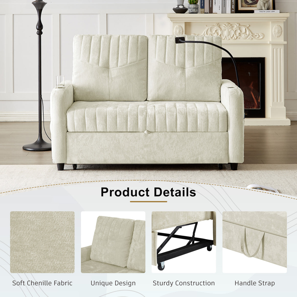 53.9" Modern Sleeper Loveseat with Adjustable Backrest, Two Cup Holders, Phone Holder, Three Charging Ports and Side Storage Pocket , Beige