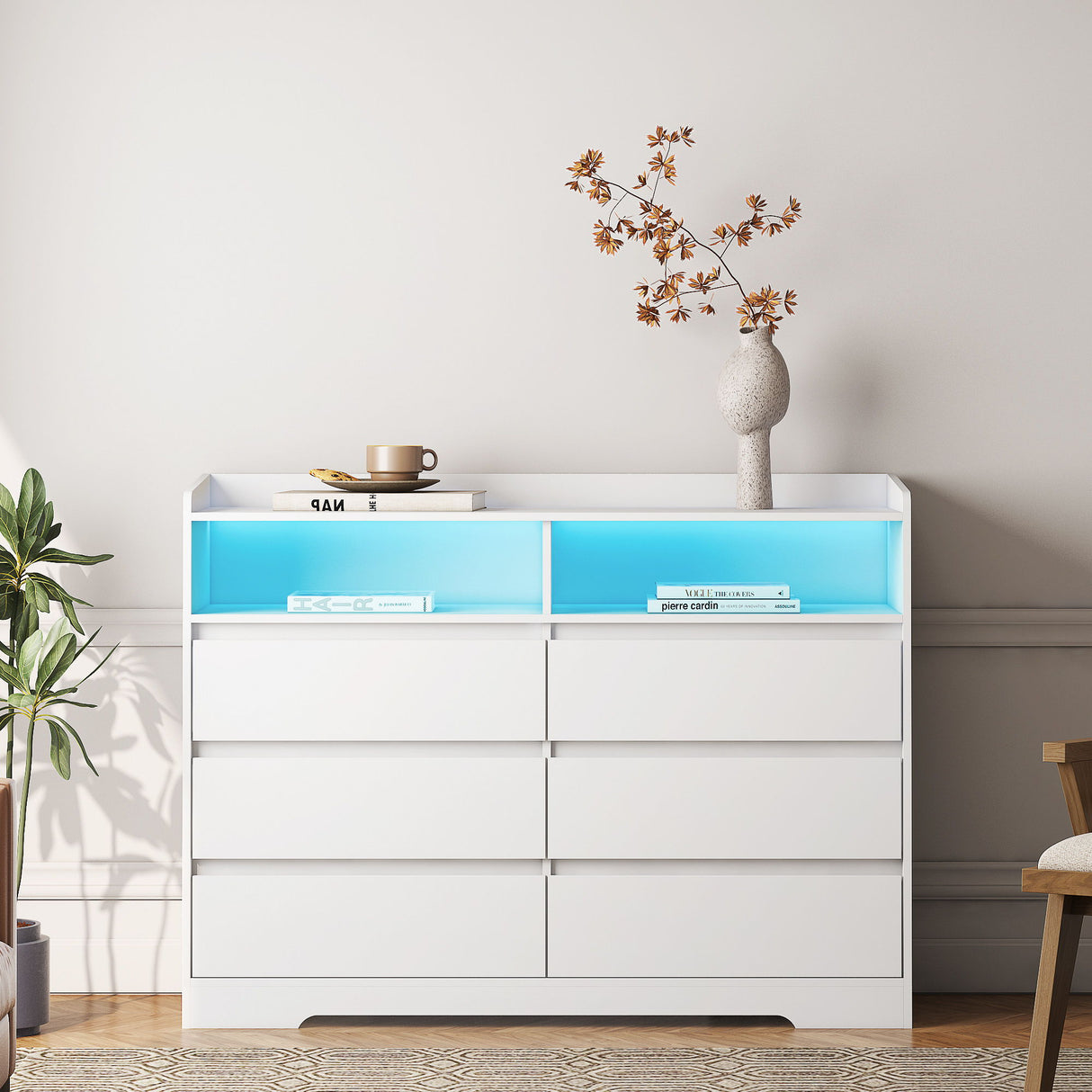 6 Drawer Dresser For With LED Lights - White