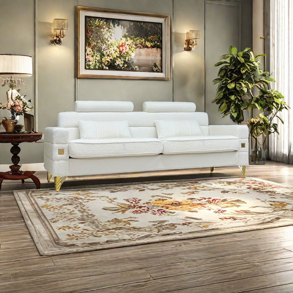 Elegant Sofa With Faux Wool With Adjustable Headrests With Gold Legs - White