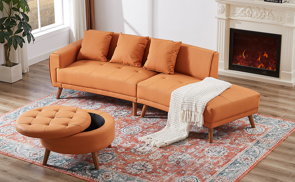 107" Contemporary Sofa with a Round Storage Ottoman and Three Removable Pillows - Orange