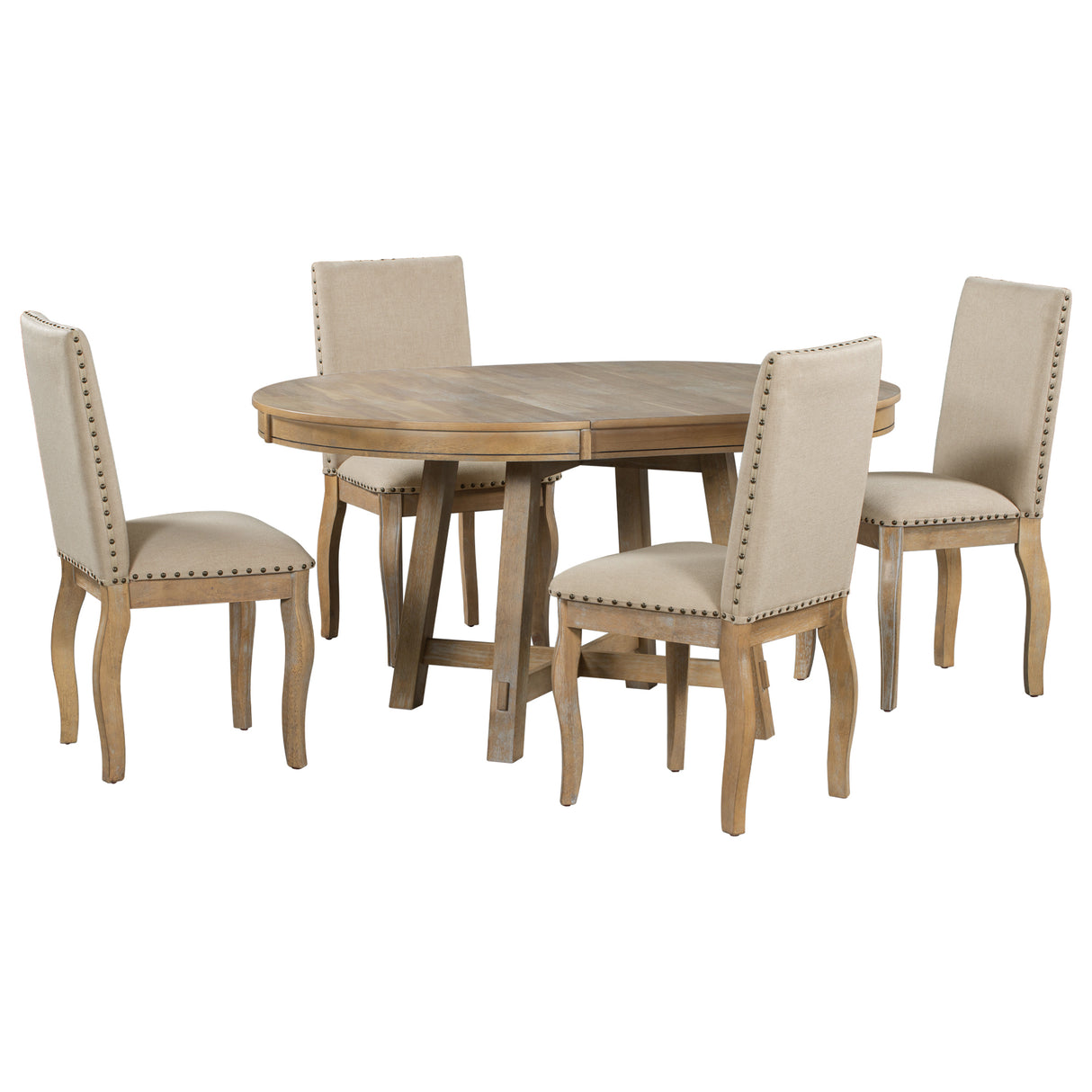 5-Piece Farmhouse Dining Table Room Set With Round Extendable Table and 4 Upholstered Dining Chairs (Natural Wood Wash)