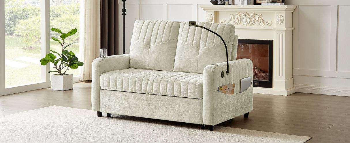 53.9" Modern Sleeper Loveseat with Adjustable Backrest, Two Cup Holders, Phone Holder, Three Charging Ports and Side Storage Pocket , Beige