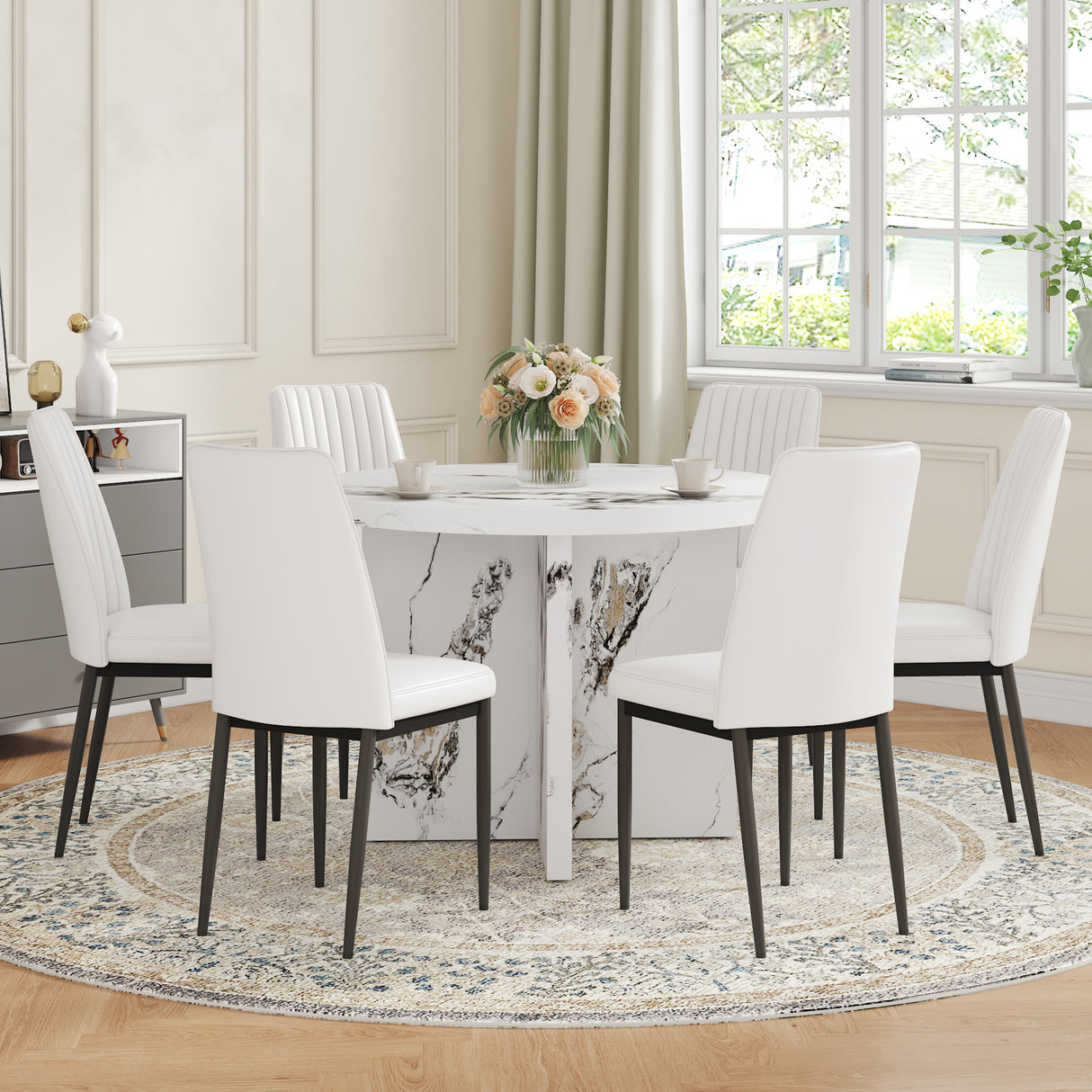 7 Piece Round Dining Table Set with 6 Upholstered Chairs - White