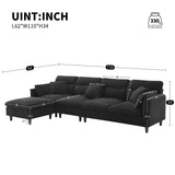 Modern Convertible Sectional Sofa with Pillows and Ottoman - Black