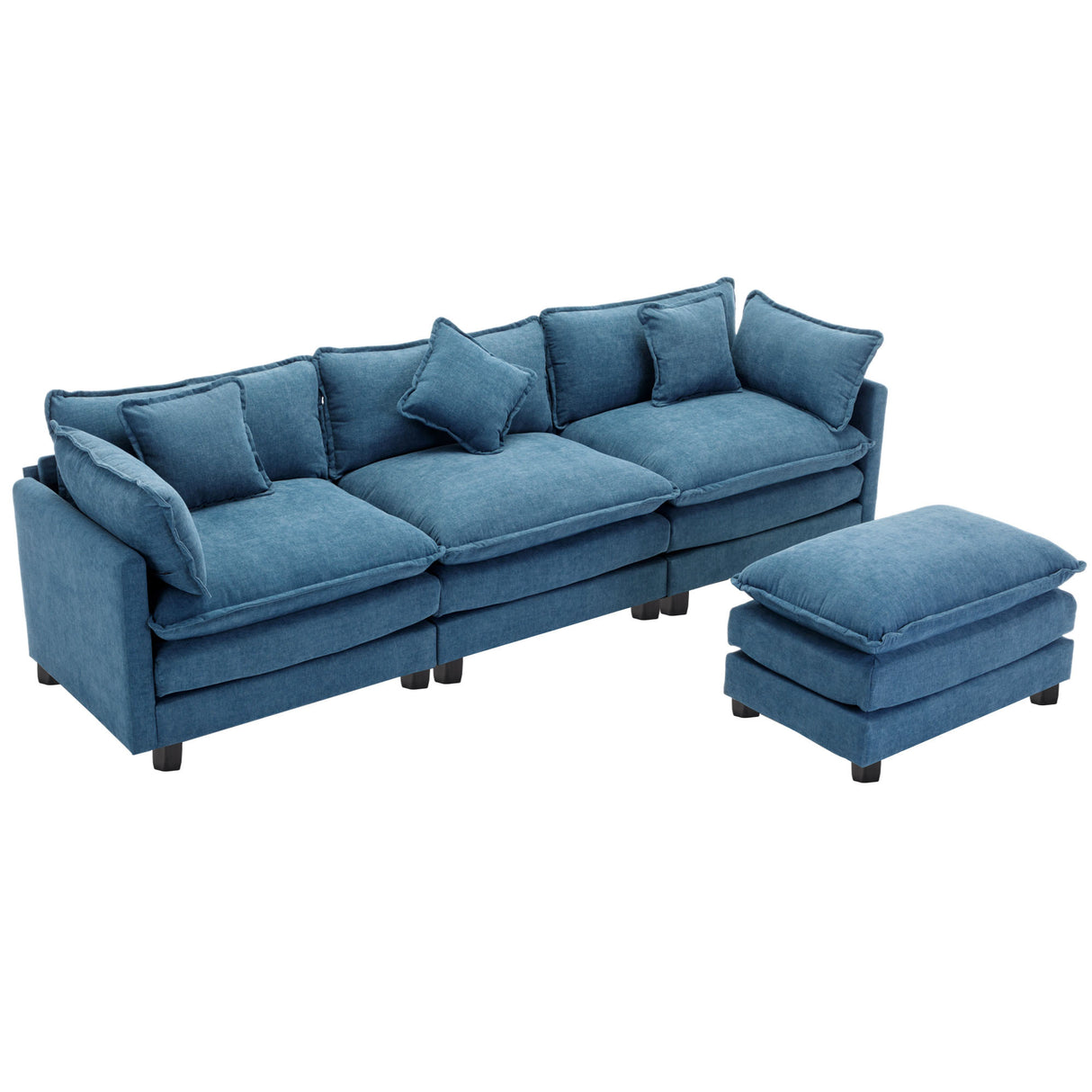 112.2" Chenille Upholstered Sofa with Ottoman and 5 Pillows - Blue