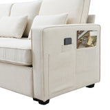 114.2" Upholstered Sofa with Console, 2 Cupholders and 2 USB Ports for Wired or Wireless Charge with 4 Pillows - Beige