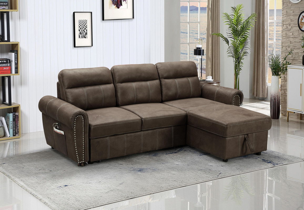 Hugo - Reversible Sleeper Sofa Chaise With USB Charger - Brown