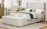 King Size Corduroy Upholstered Bed With 130L Storage Ottoman -  Light Grey