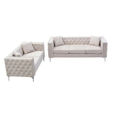 2 Piece Modern Velvet Sofa, Loveseat and 4 Pillows Set - Beige