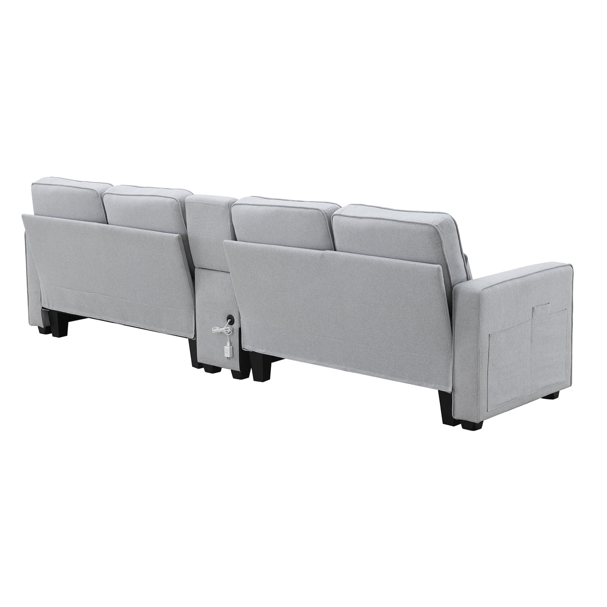 114.2" Upholstered Sofa with Console, 2 Cupholders, 2 USB Ports for Wired or Wireless Charge with 4 Pillows - Light Gray