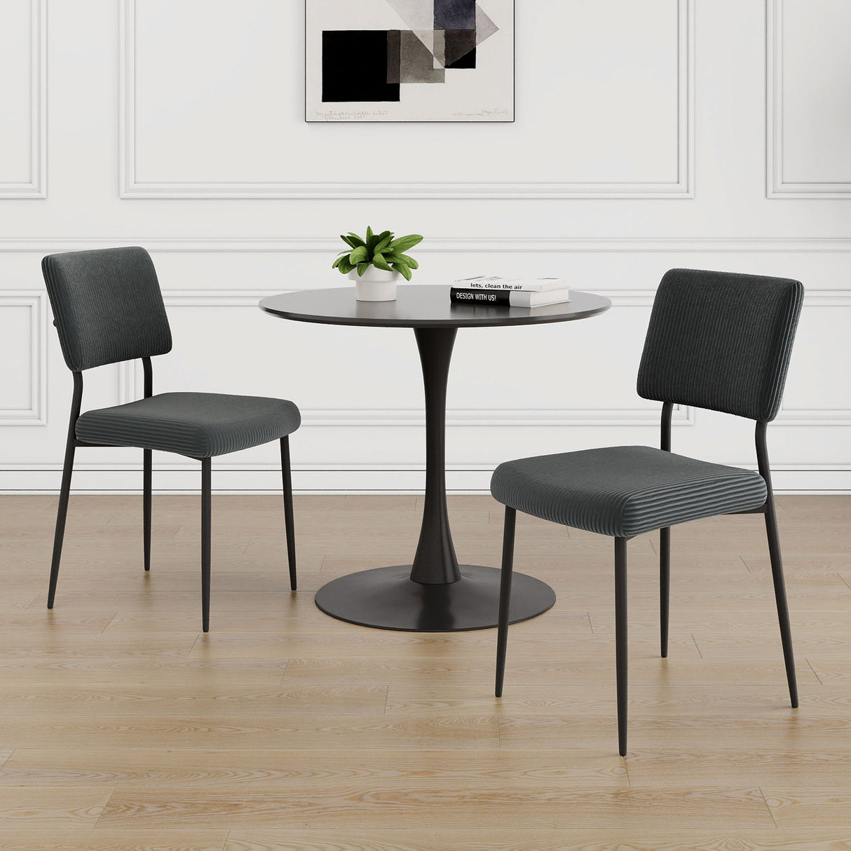 3 PC Dining Set with Black round Table and 2 Upholstered Chairs - Black / Dark Gray