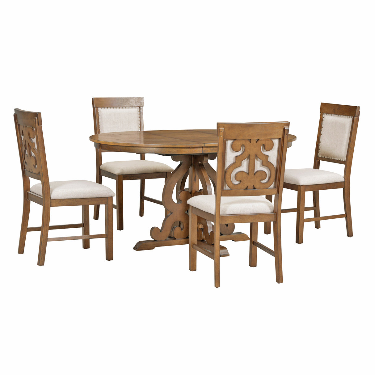 TREXM 5-Piece Retro Dining Set with a 16-inch Leaf and 4 Upholstered Chairs (Walnut)