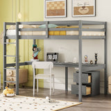 Loft Wood Bed With Under-Bed, Built-In Desk, A Storage Cabinet Of 2 Drawers, Guardrails, Ladder