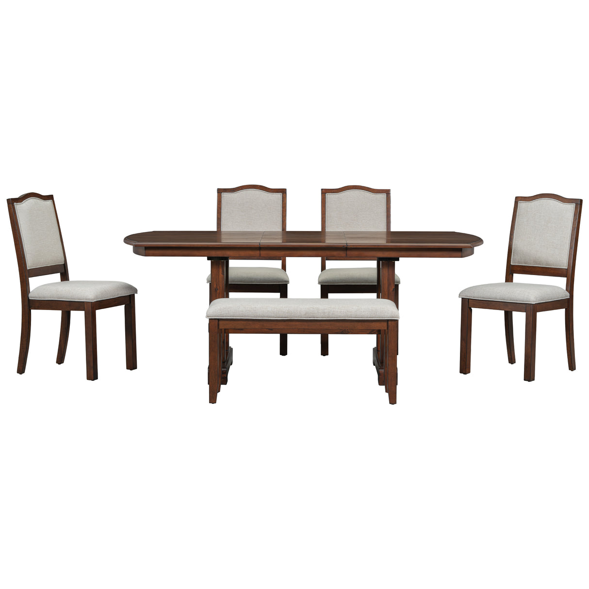 6-Piece Dining room Set With One extending Leaf, Upholstered bench and Chairs - Cherry