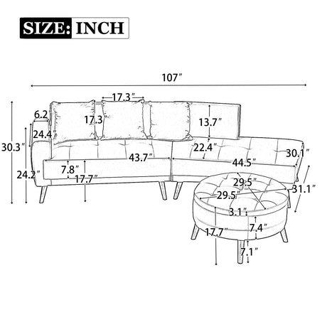 107" Contemporary Sofa with a Round Storage Ottoman and Three Removable Pillows - Grey