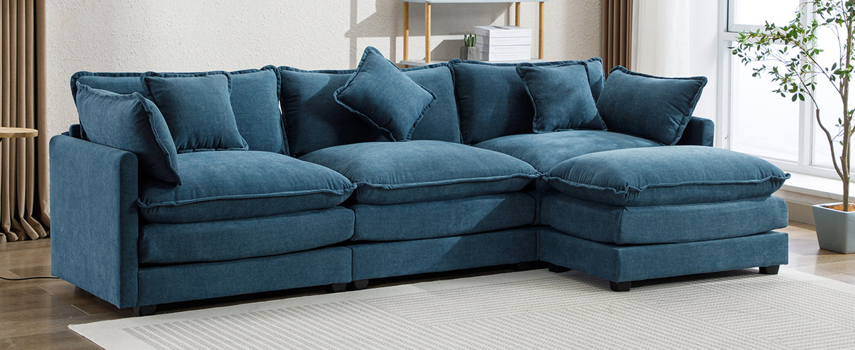 112.2" Chenille Upholstered Sofa with Ottoman and 5 Pillows - Blue