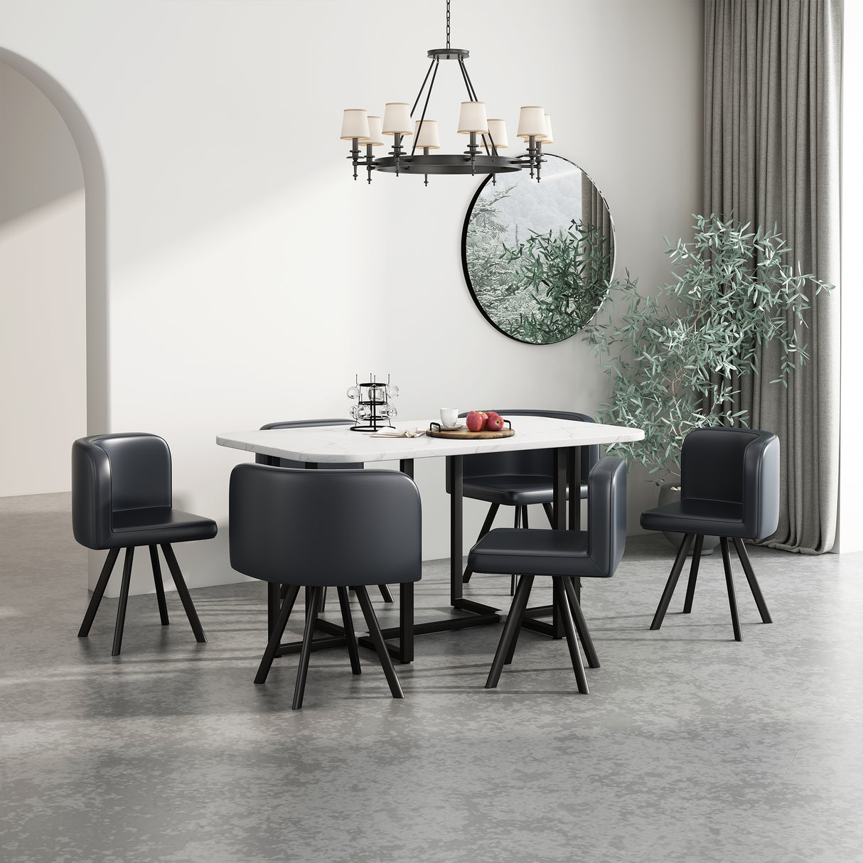 Modern 7 Piece Dining Table with 6 Chairs - Black