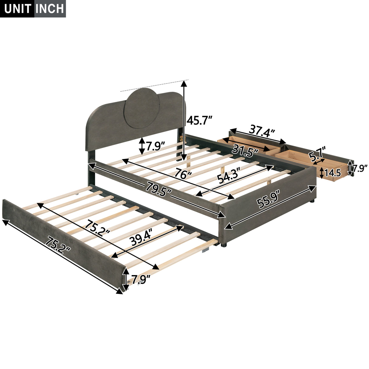 Full Size Upholstered Platform Bed with Multi-functional LED Headboard, Trundle and 2 Drawers, Gray