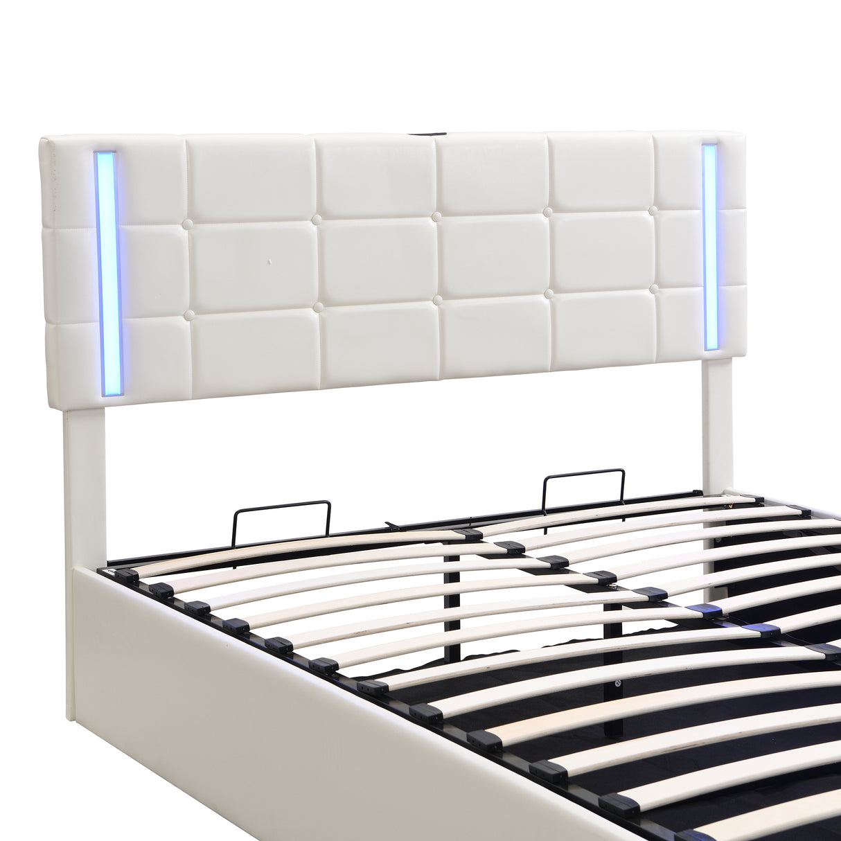 Queen Size Upholstered Bed with LED Lights, Hydraulic Storage System and USB Charging Station,White