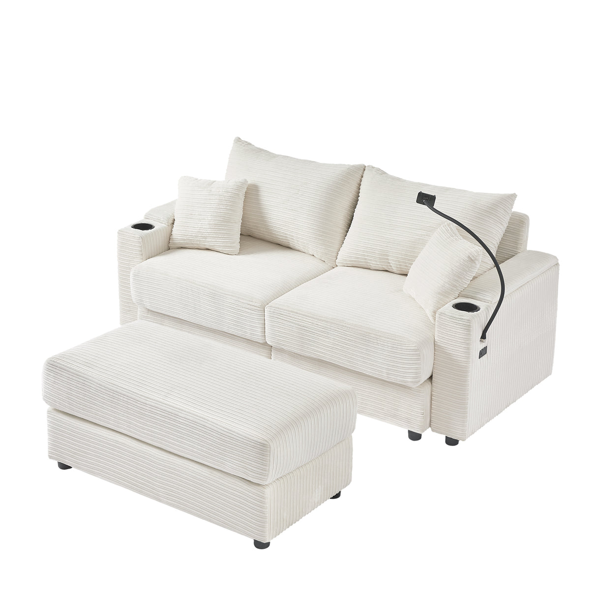 72.8" Modern Style Loveseat with Storage Space, Movable Ottoman, Two USB Ports, Two Cup Holders and Phone Holder - Beige