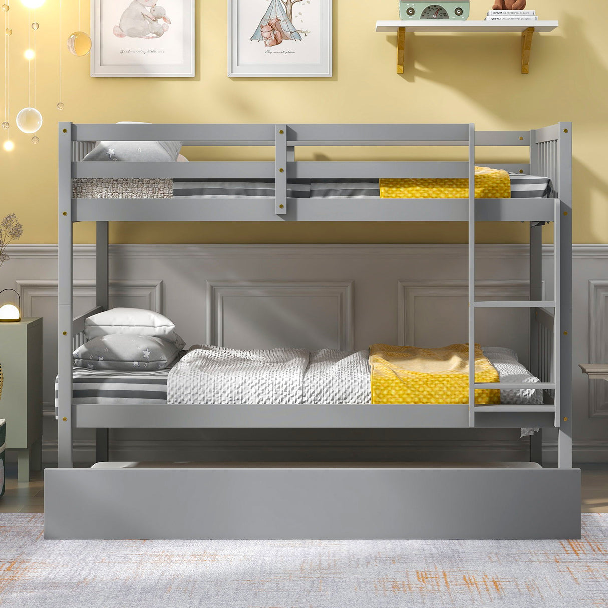 Twin Over Twin Bunk Beds With Trundle, and Ladder (Can Be Converted Into 2 Beds) - Gray