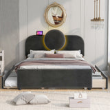 Full Size Upholstered Platform Bed with Multi-functional LED Headboard, Trundle and 2 Drawers, Gray