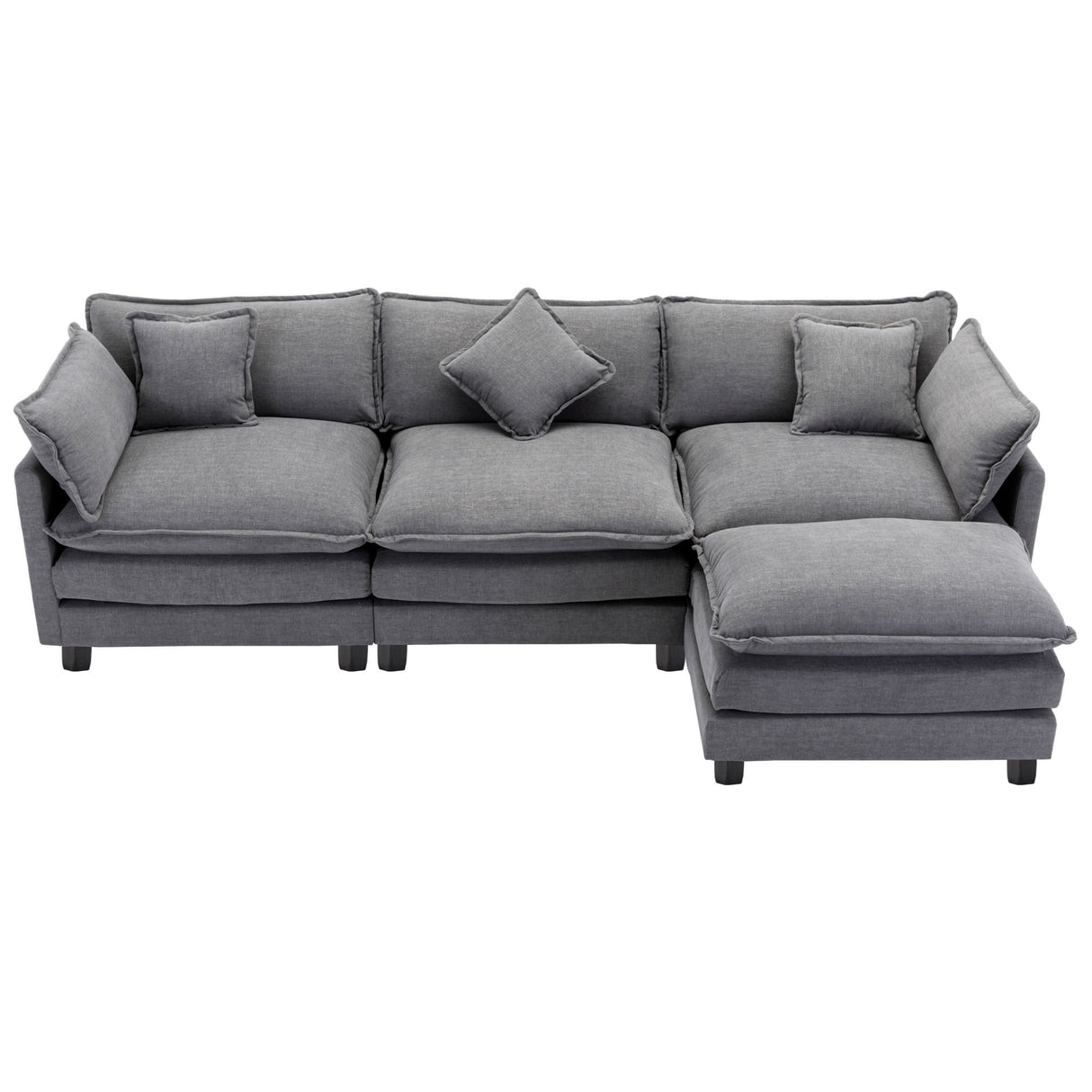 112.2" Chenille Upholstered Sofa with Ottoman and 5 Pillows - Gray