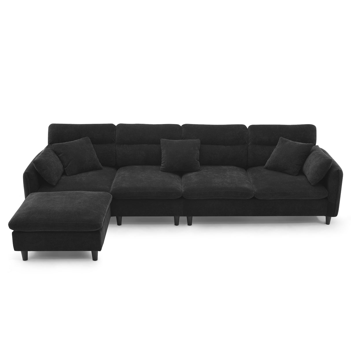 Modern Convertible Sectional Sofa with Pillows and Ottoman - Black