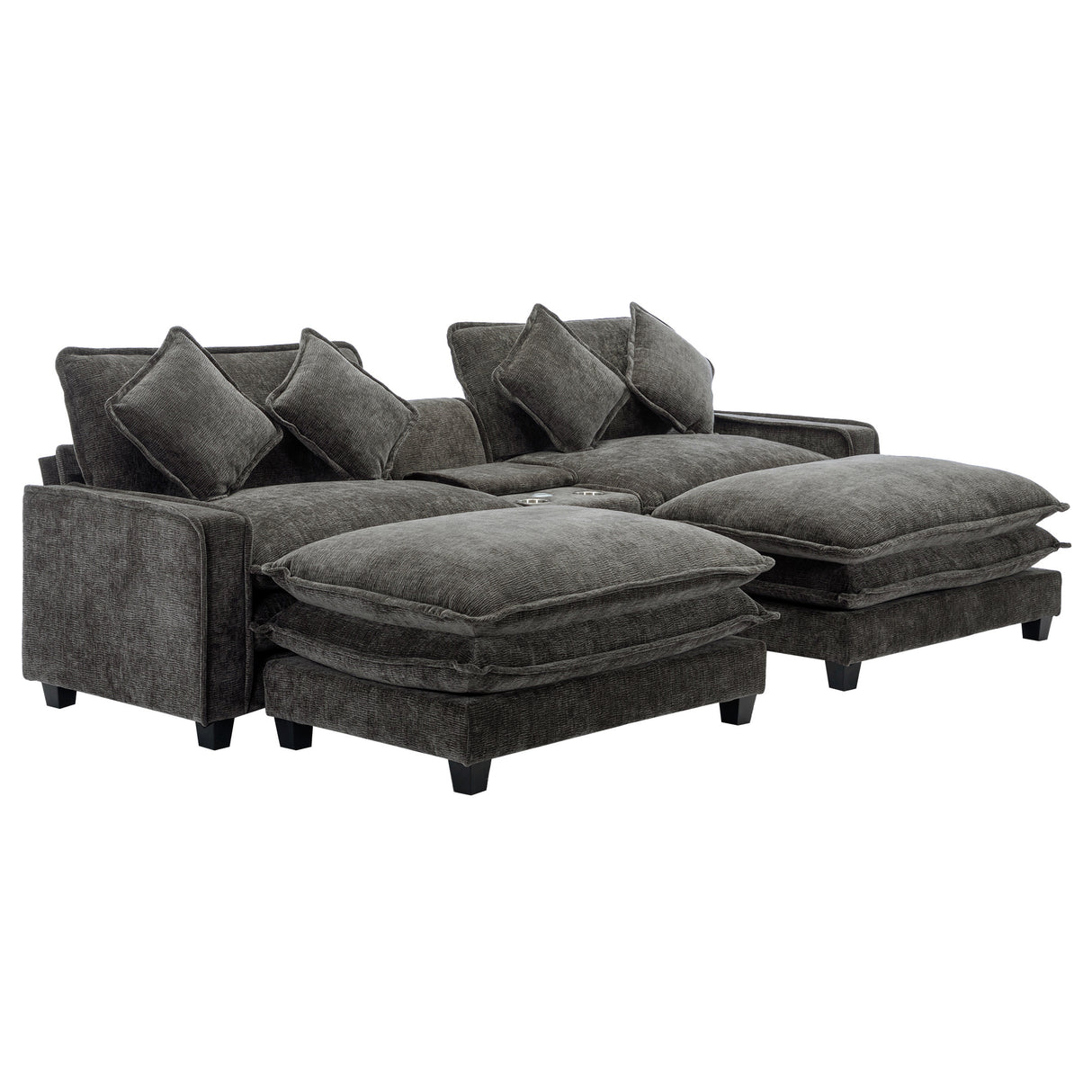 112.6" Chenille Upholstered Sofa with Two Ottomans, Two USB Ports, Two Cup Holders and Large Storage Box -Dark Gray