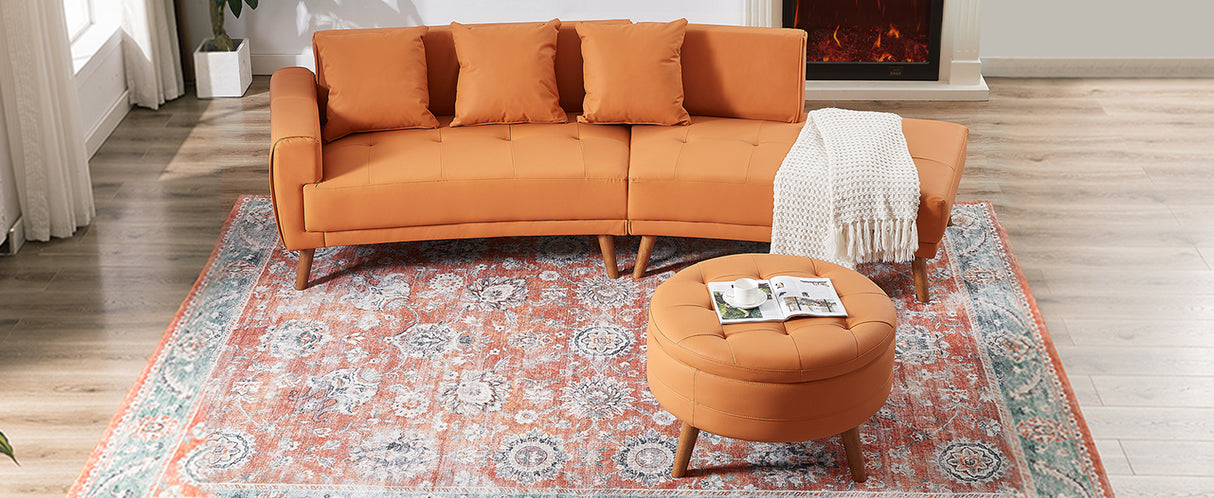 107" Contemporary Sofa with a Round Storage Ottoman and Three Removable Pillows - Orange