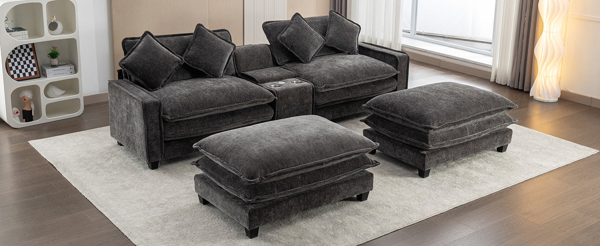 112.6" Chenille Upholstered Sofa with Two Ottomans, Two USB Ports, Two Cup Holders and Large Storage Box -Dark Gray