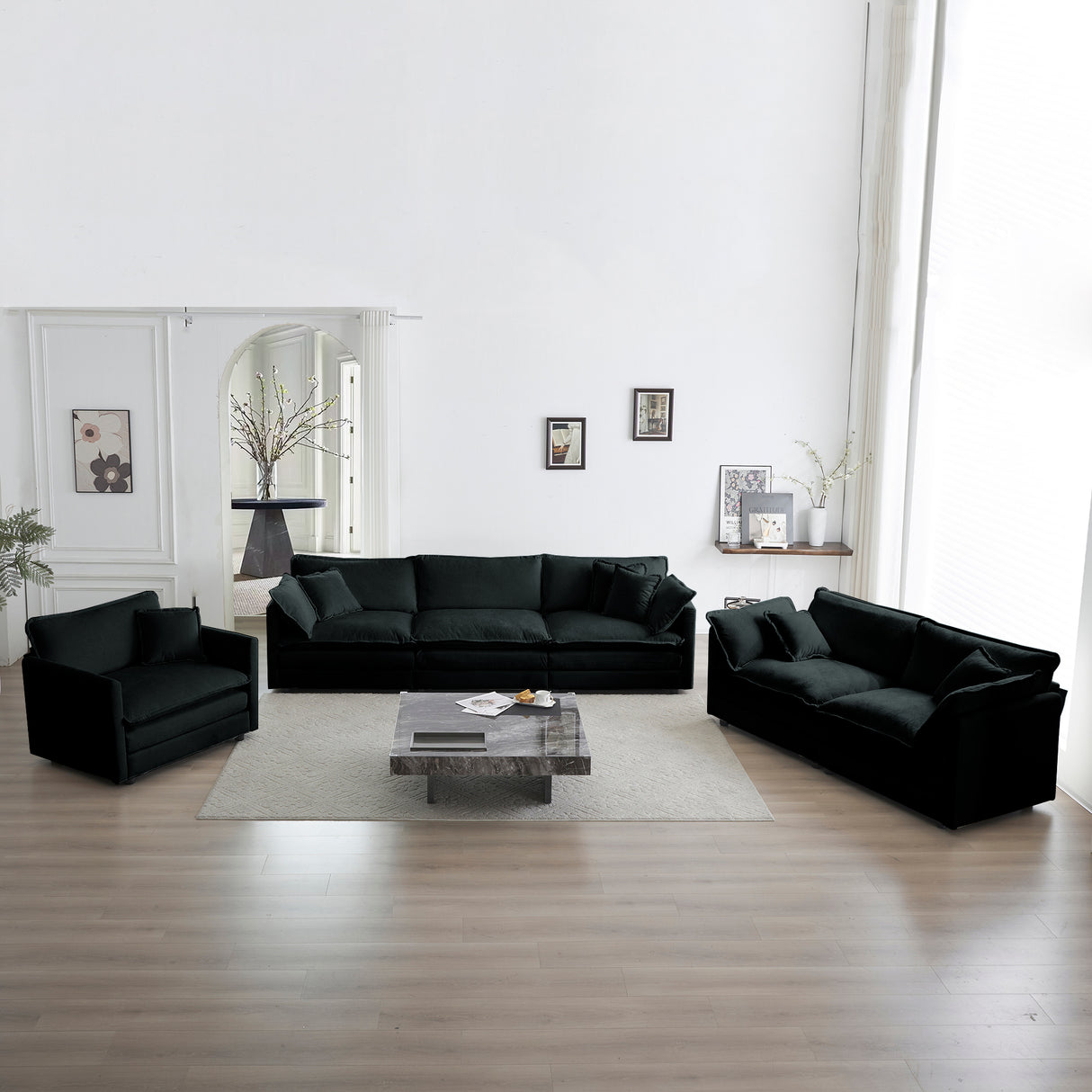 Modern Chenille 3 Piece Living Room Set - Black