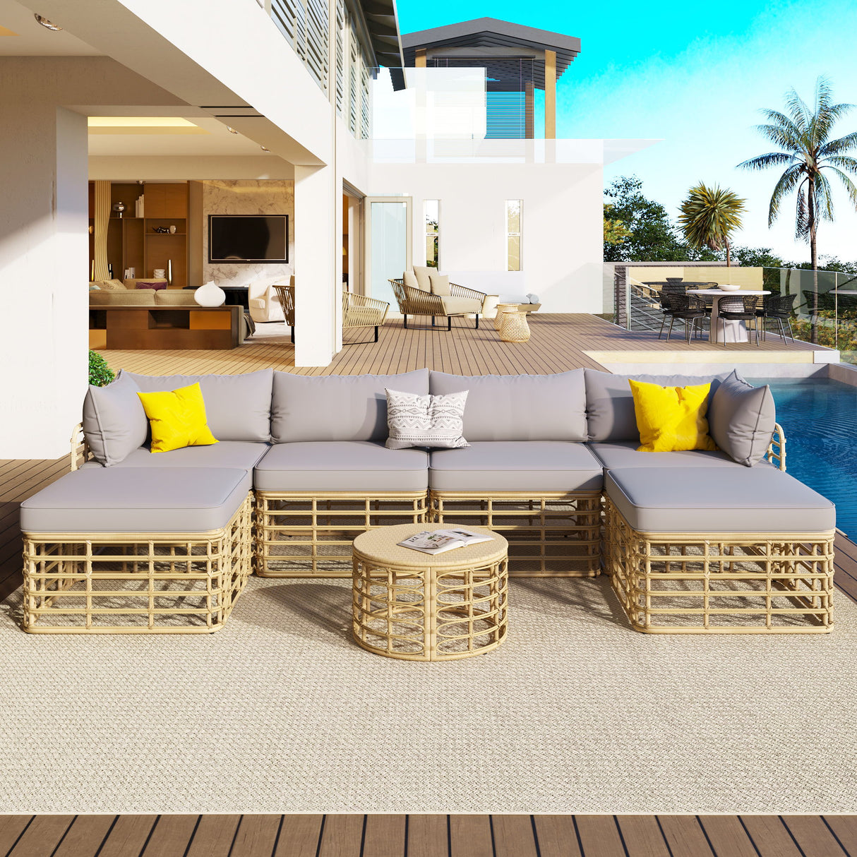 Outdoor Patio Furniture, All-Weather Rattan Sectional Sofa Set With Thick Cushions And Pillows, Freely Combined Conversation Sets For Garden, Backyard, Balcony