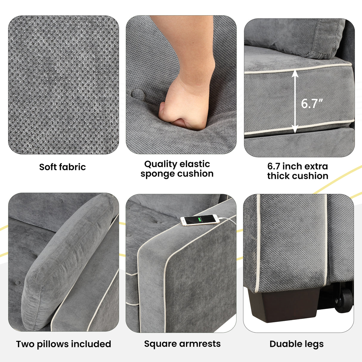 Upholstered Loveseat with Pull Out Sofa, Two Throw Pillows, Dual USB Charging Port And Adjustable Backrest - Gray