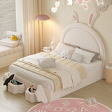 Full size Upholstered Rabbit-Shape Bed with 2 Storage Stools and Cartoon Ears Shaped Headboard, White