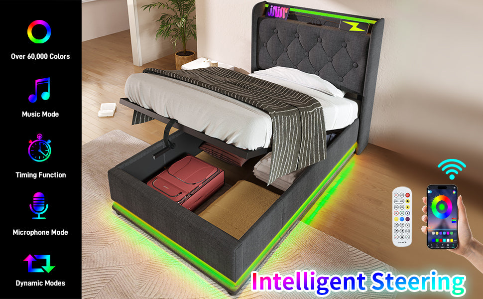 Twin Upholstered bed With 360 Surround LED, Remote Control, Hydraulic storage, USB Type-C charging - Gray