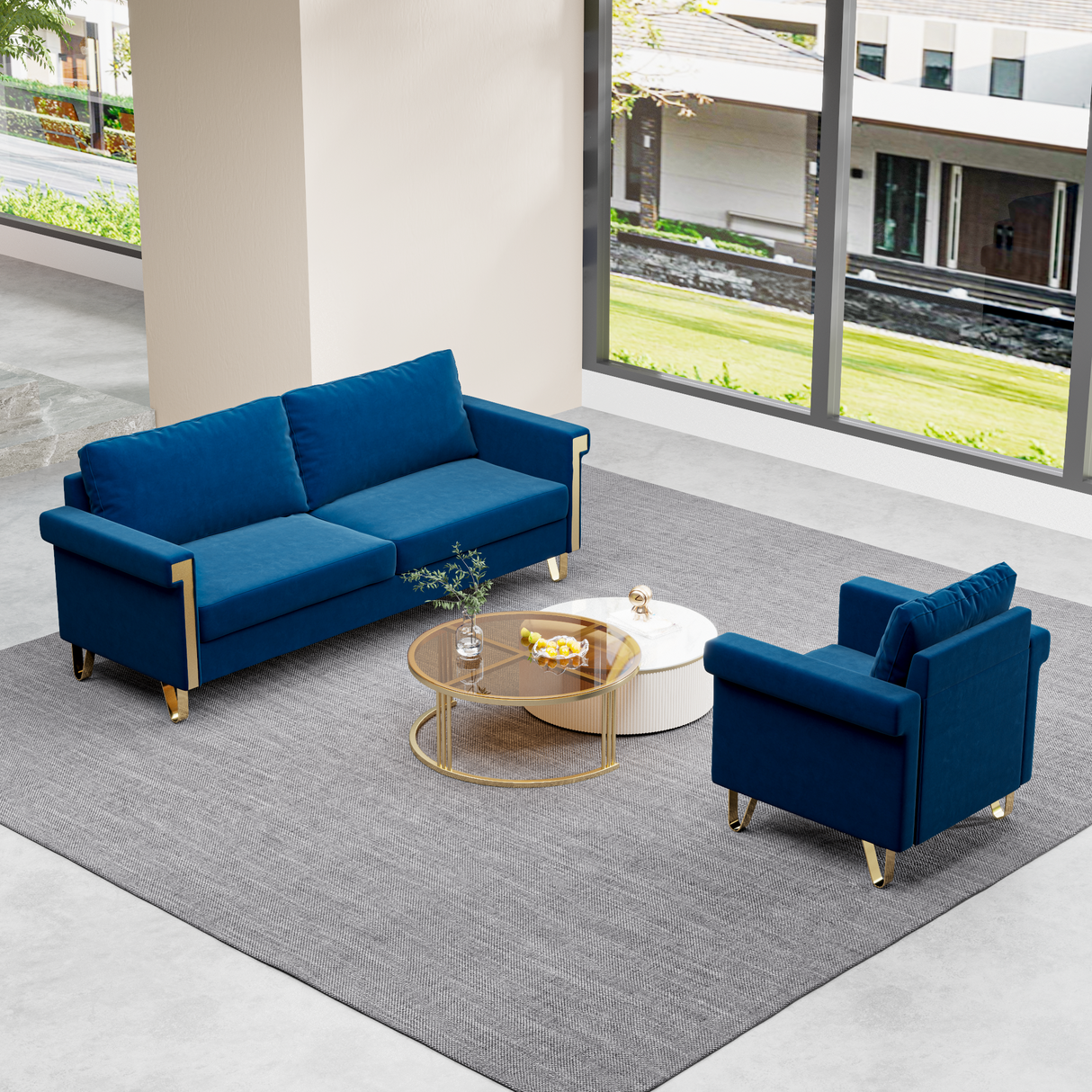 2 Piece Living room Set With Sofa and Chair, Velvet Blue