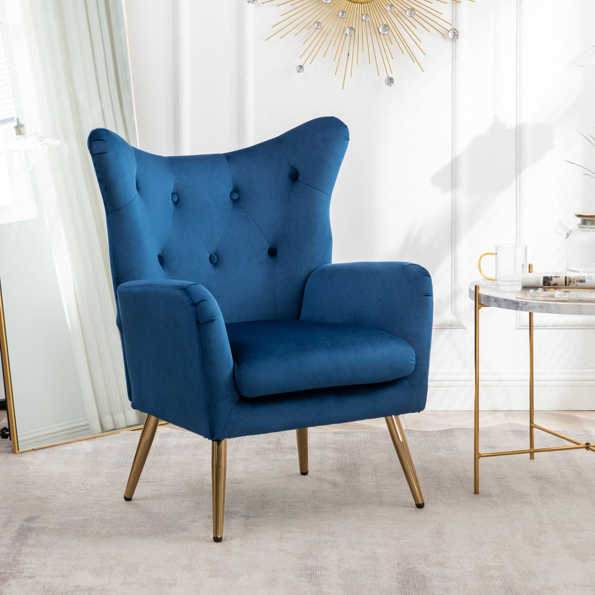 Sovarol - Velvet Button-Tufted Wing Back Accent Chair - Blue