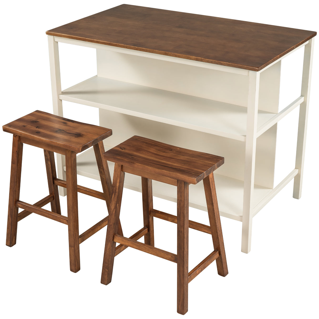 Rustic 3-piece 45" Stationary Kitchen Island Set with 2 Stools and 2 Open Shelves - Walnut + Off White