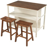 Rustic 3-piece 45" Stationary Kitchen Island Set with 2 Stools and 2 Open Shelves - Walnut + Off White