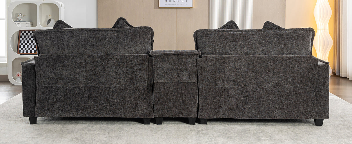 112.6" Chenille Upholstered Sofa with Two Ottomans, Two USB Ports, Two Cup Holders and Large Storage Box -Dark Gray