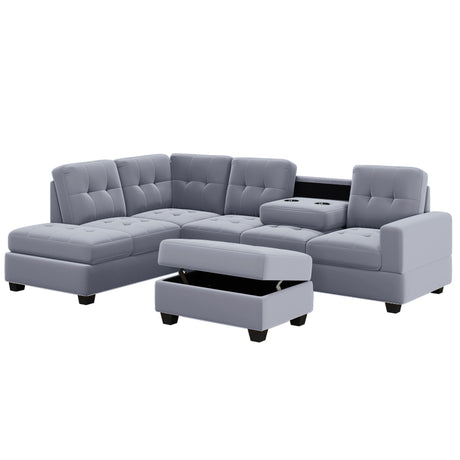 Modern Sectional Sofa With Reversible Chaise, L Shaped Couch Set With Storage Ottoman And Two Cup Holders For Living Room