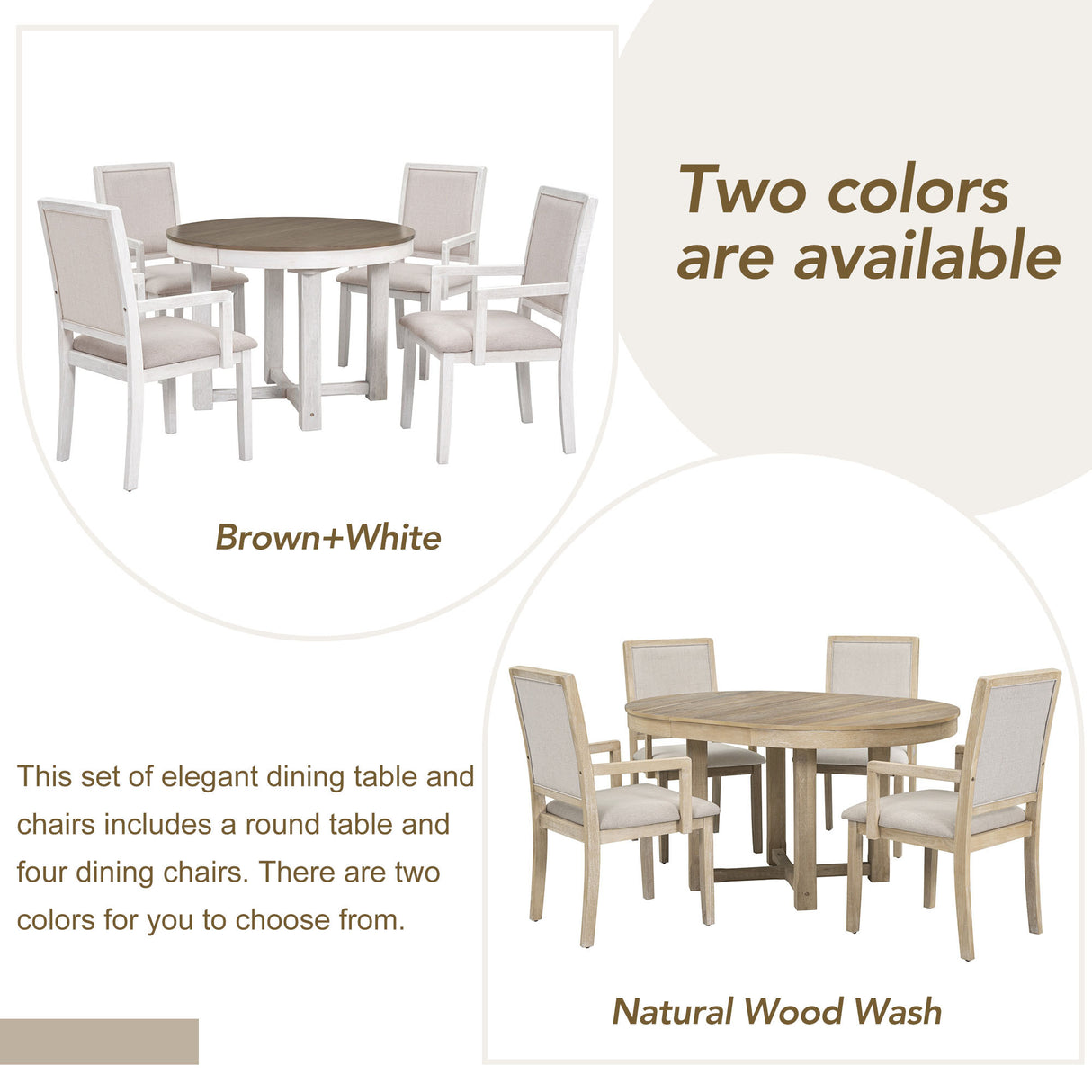 TREXM 5-Piece Dining Set With  Butterfly Leaf and 4 Upholstered Dining Chairs (Brown+White)