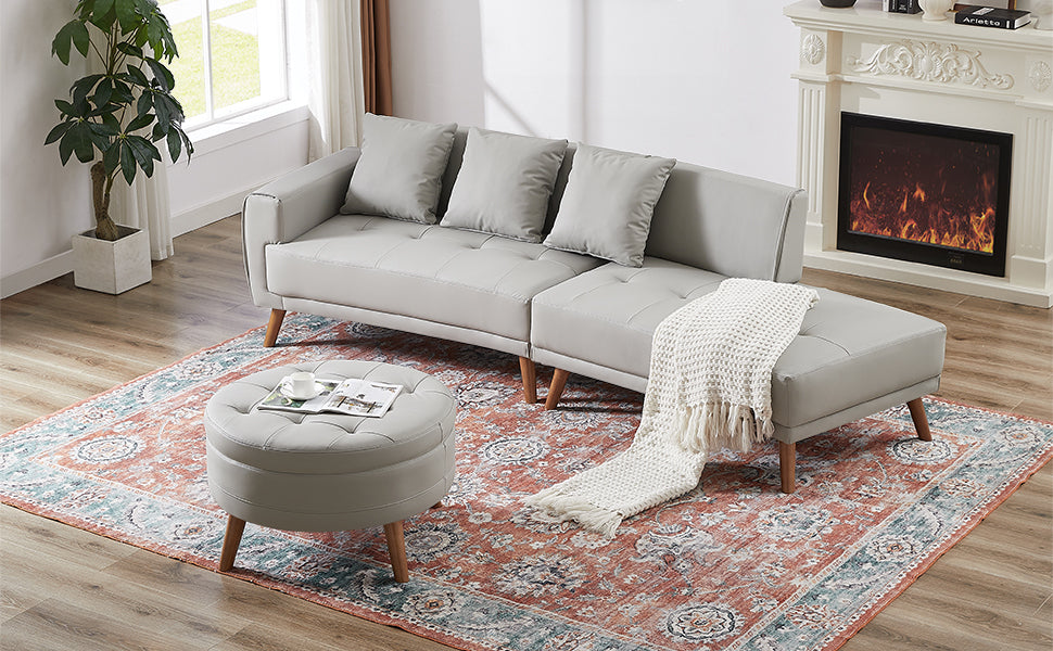 107" Contemporary Sofa with a Round Storage Ottoman and Three Removable Pillows - Grey