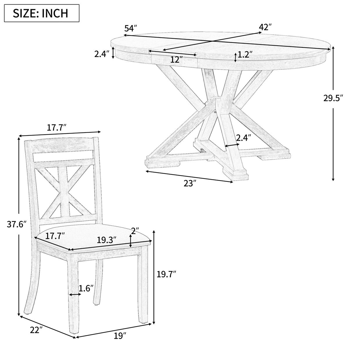 TREXM 5-Piece Dining Set with Butterfly Leaf and 4 Upholstered Chairs (Brown+Antique White)