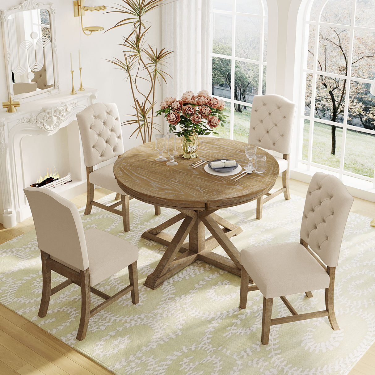 Dining Set with Extendable Table and 4 Upholstered Chairs - Natural Wood Wash