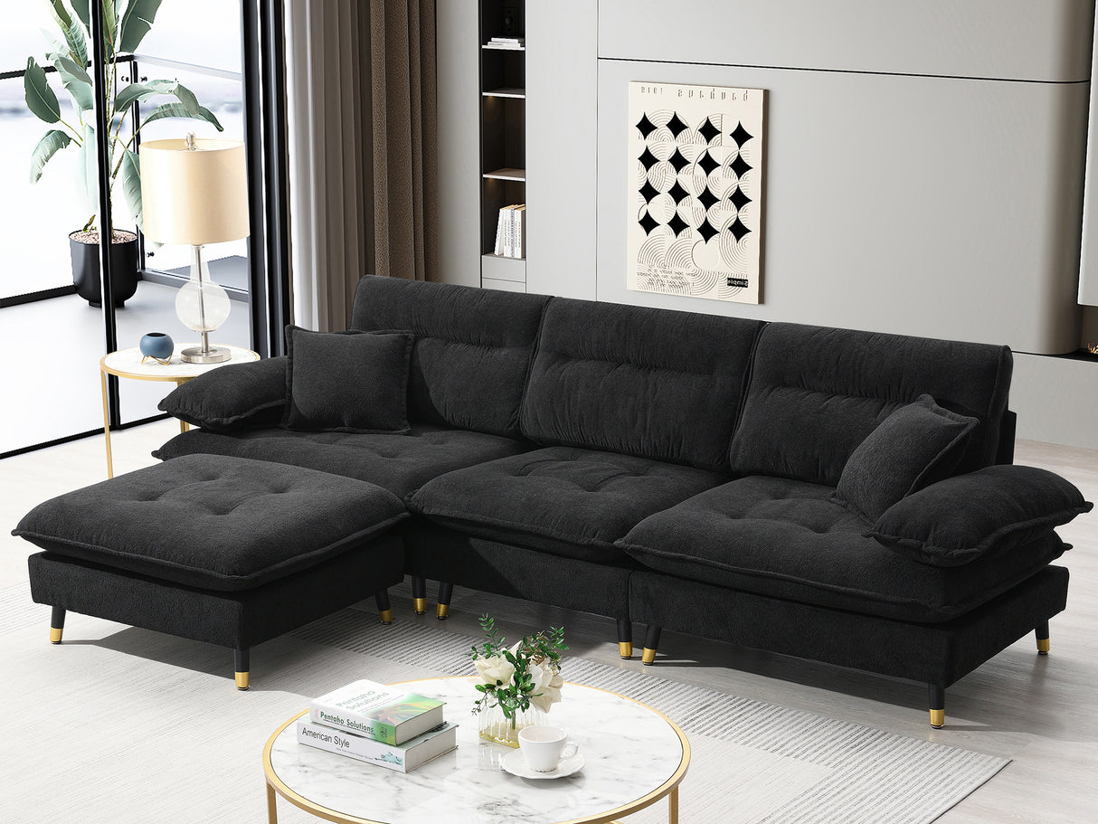 L shaped Sectional Sofa with Cloud Chenille Fabric and Ottoman - Black