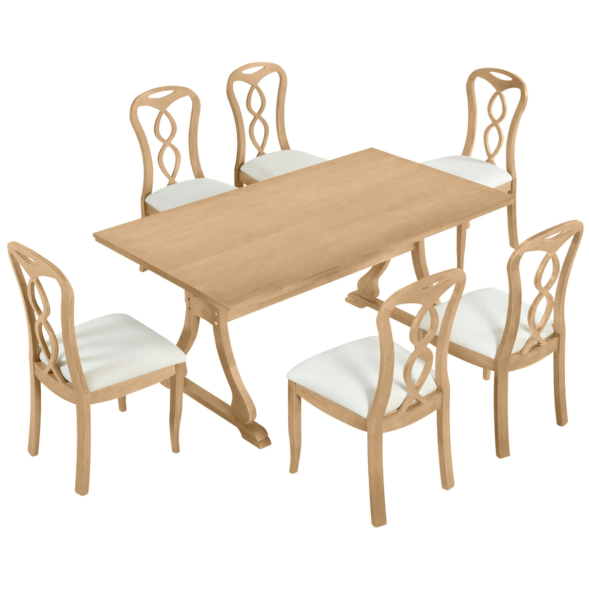 7-Piece Trestle Dining Room Set with Upholstered Dining Chairs - Natural Wood